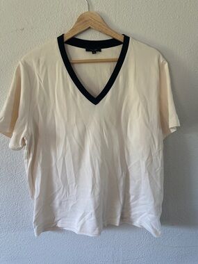 Massimo Dutti Cream V-Neck Tee with Black Trim